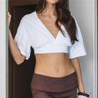 VacationGrabs Women Deep V Neck Short Sleeve Crop Top Loose Drop Shoulder Ruched Bust Wrap Front Cropped T Shirt Y2K Casual Streetwear