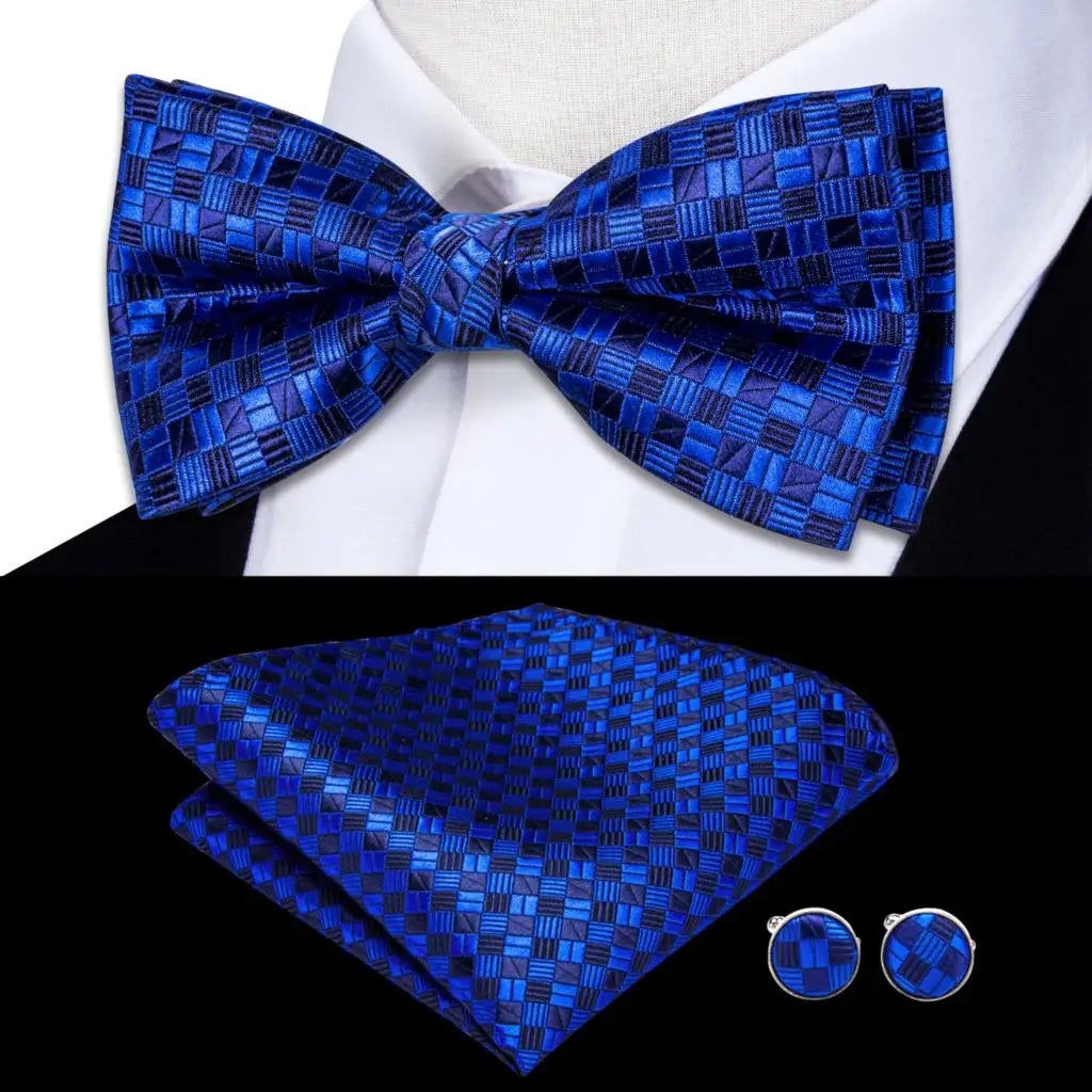 Blue plaid bow tie silk set with matching pocket square and cufflinks