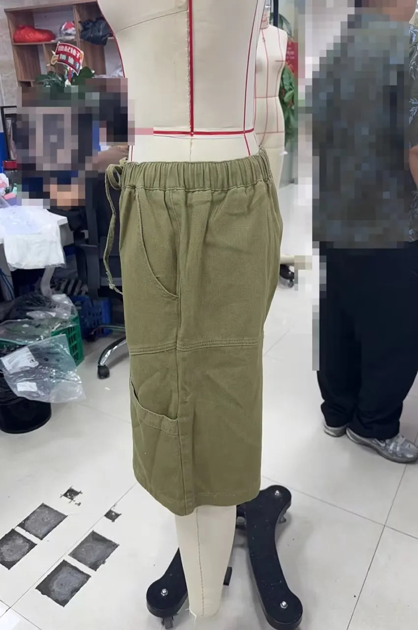 VacationGrabs Cargo Bermuda Shorts Women Drawstring Elastic Waist Multi Pocket Loose Wide Leg Jort Y2K Street Casual Capri Bottoms