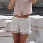 VacationGrabs Women’s Summer Satin Silk Shorts Fashion Elastic Waist Lace Hem Wide Leg Lounge Shorts Coquette Going Out Pants