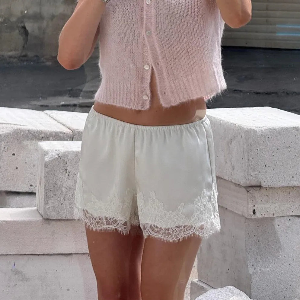 VacationGrabs Women’s Summer Satin Silk Shorts Fashion Elastic Waist Lace Hem Wide Leg Lounge Shorts Coquette Going Out Pants