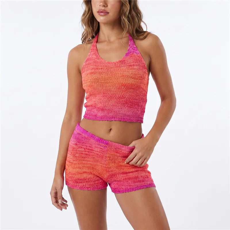 VacationGrabs Gradient Knit Halter Crop Top Scallop Shorts 2 Piece Set Women Summer Beach Casual Y2K Vacation Matching Outfit