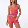 VacationGrabs Gradient Knit Halter Crop Top Scallop Shorts 2 Piece Set Women Summer Beach Casual Y2K Vacation Matching Outfit