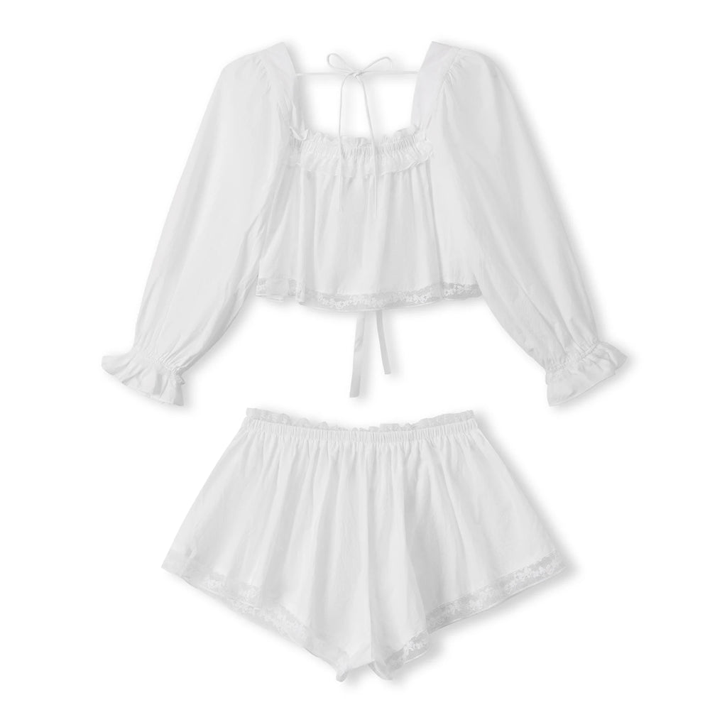 2Pcs Pajamas Sets for Women Puff Long Sleeve Square Neck Lace Patchwork Tops with Elastic Waist Shorts Loungewear