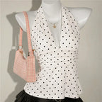 VacationGrabs Ladies Vintage Polka Dot Halter Neck Top Deep V Tie Back Sleeveless Ruched Waist Peplum Tank Top For Y2K Streetwear