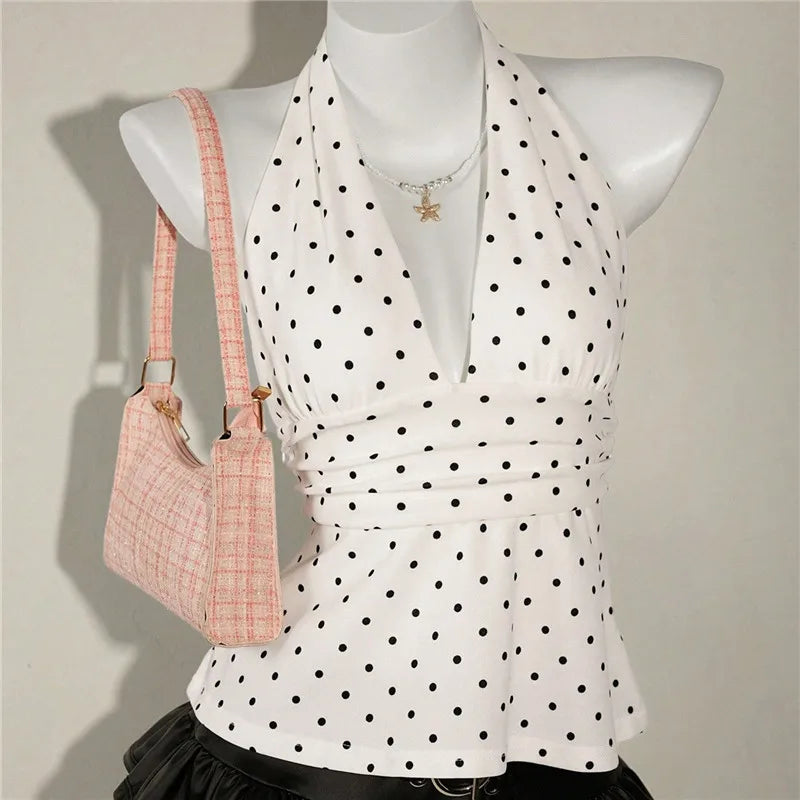 VacationGrabs Ladies Vintage Polka Dot Halter Neck Top Deep V Tie Back Sleeveless Ruched Waist Peplum Tank Top For Y2K Streetwear
