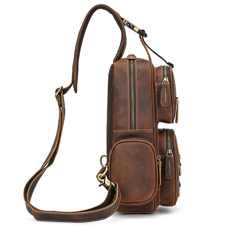Men's Vintage Crazy Horse Leather Sling Chest Bag