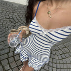 VacationGrabs Women Striped Cami Mini Dress Lace Trim V Neck Bow Detail Ruffle Hem Spaghetti Strap Bodycon Short Dress Summer Beach