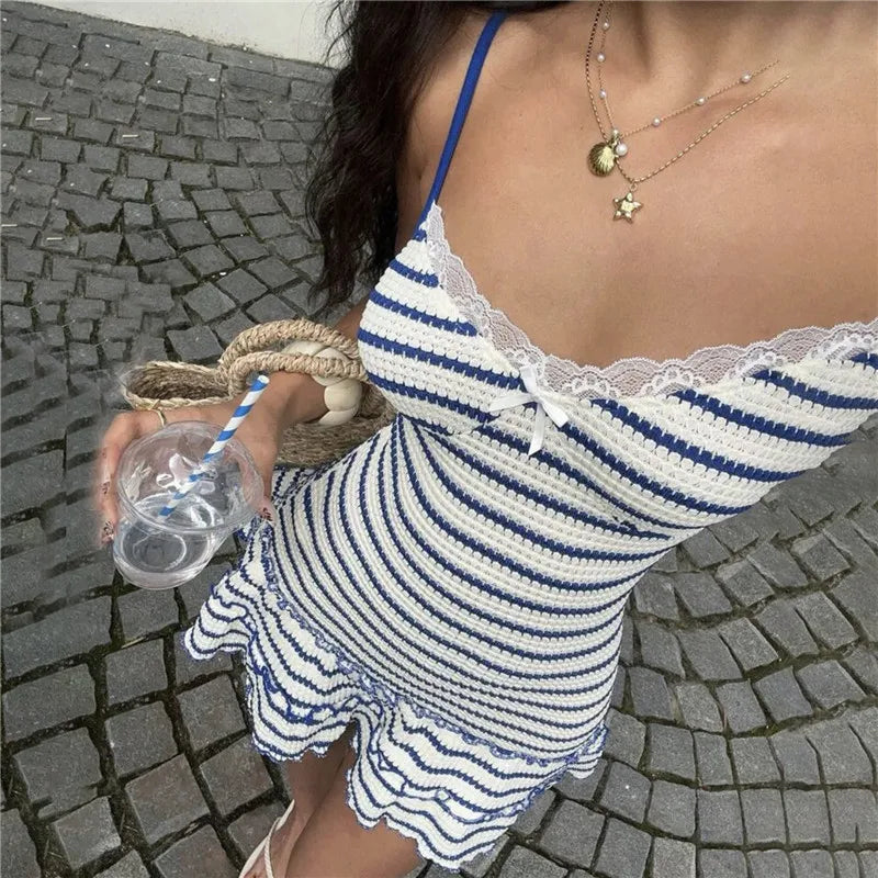 VacationGrabs Women Striped Cami Mini Dress Lace Trim V Neck Bow Detail Ruffle Hem Spaghetti Strap Bodycon Short Dress Summer Beach