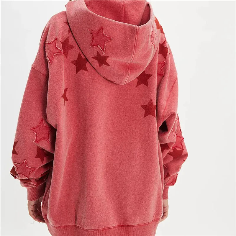 VacationGrabs American Casual Oversized Star Patch Hoodie Women Vintage Loose Drop Shoulder Kangaroo Pocket Everyday Street Sweatshirt