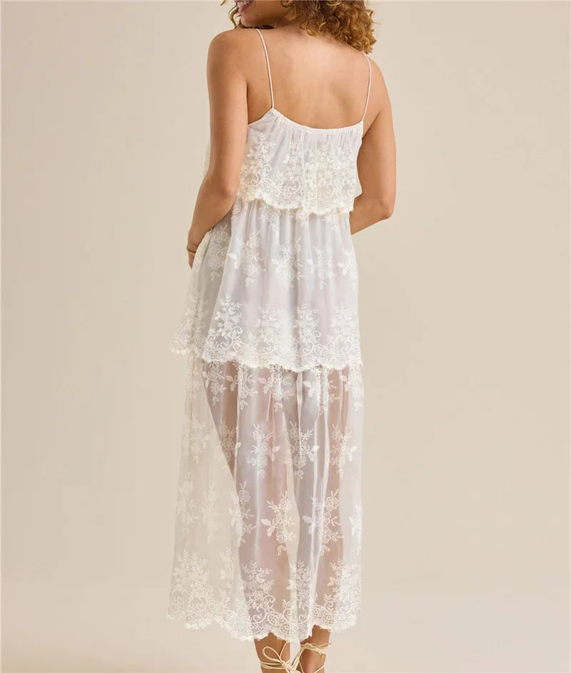 Boho Vintage Floral Lace Maxi Dress for Women Spaghetti Strap Sheer Layered Embroidery Casual Summer Beach Party Long Dress