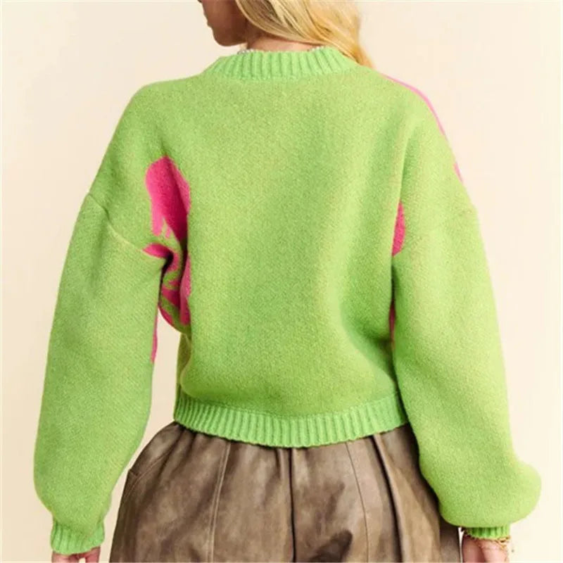 Women's Vintage Floral Knit Cardigan – Button-Up, Slim Fit