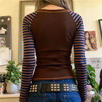 VacationGrabs Vintage Star Raglan Crop Top Ladies Boat Neck Striped Long Sleeve Slim Ribbed Tee Y2K Grunge Street Fashion Short Top