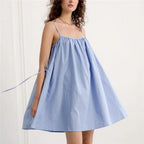 Women's blue striped mini dress, lightweight cotton for summer wear