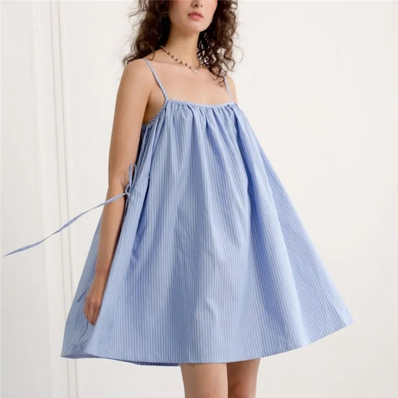 Women's blue striped mini dress, lightweight cotton for summer wear