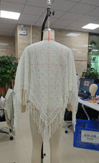 VacationGrabs Hollow Crochet Fringe Tassel Beach Cover Up Knit Triangle Shawl Bikini Outerwear Summer Casual Top