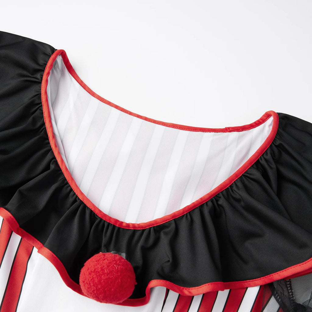 VacationGrabs Halloween Clown Cosplay Dress Women Mesh Long Sleeve Ruffle Neck Stripe Polka Dot A Line Short Dress Party  Club Costume
