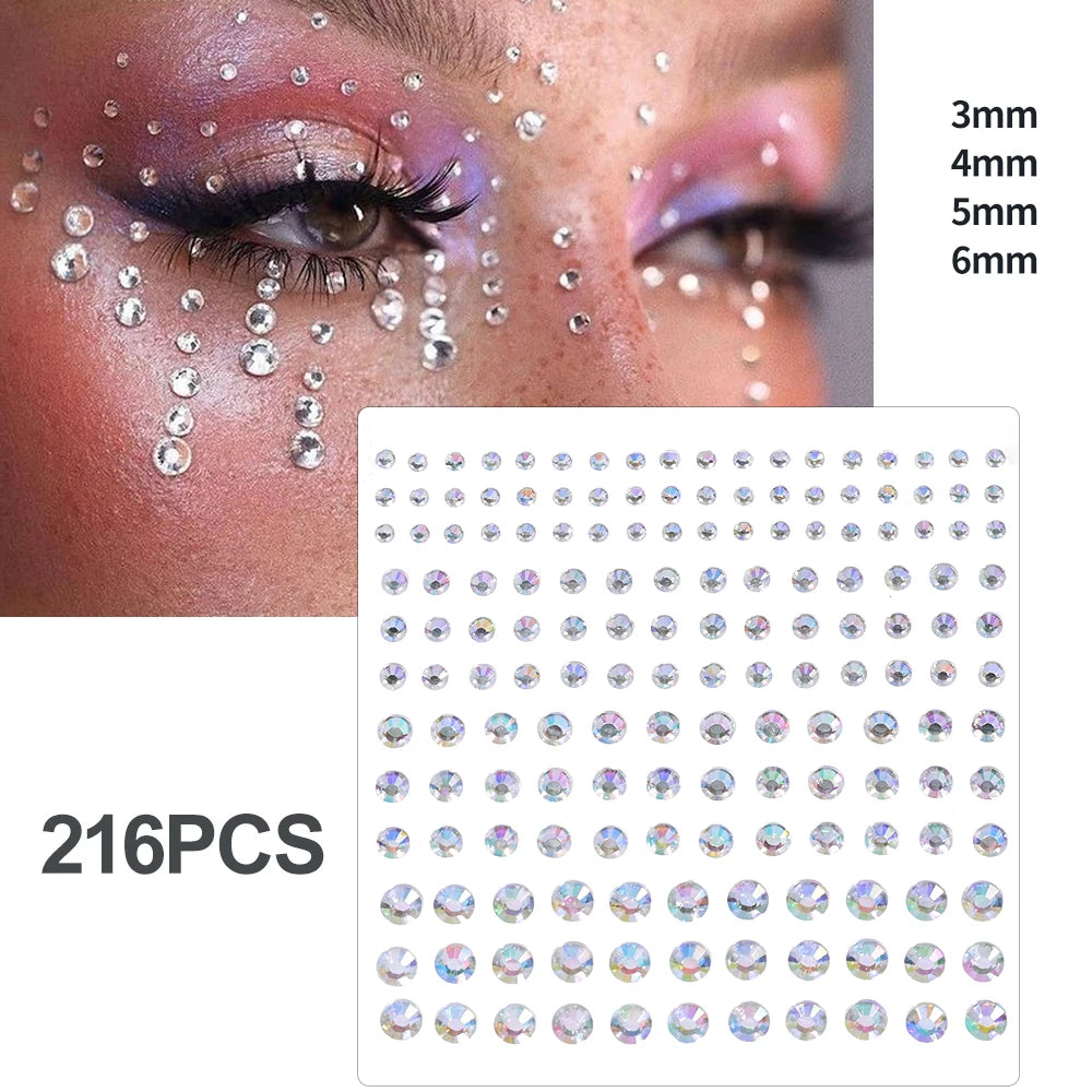162/216/900pcs Eye&Face&Body Diamond Tattoos Stickers 3/4/5/6mm Colored Glitter Rhinestone Tattoo for Party Makeup Gem Accessory