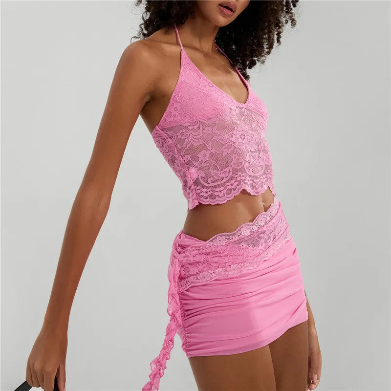 Chic Pink Lace Two Piece Set for Vacation Getaways