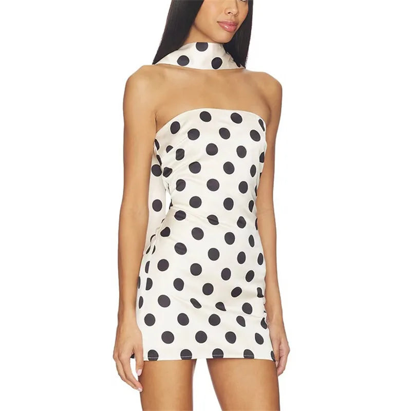 Women's Polka Dot Satin Tube Top Mini Dress Fashion Strapless Backless Bodycon Dress with Matching Neck Scarf Party Clubwear