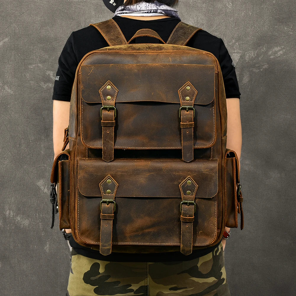 Men's Vintage Crazy Horse Leather Backpack, 17" Laptop Bag