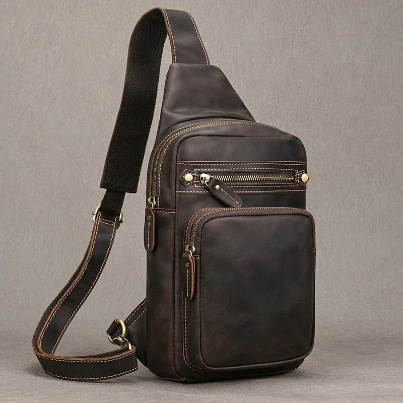 Retro Handmade Big Chest Bag for Men Real Cowhide Leather Crazy Horse Leather Sling Bag Male Chest Pack
