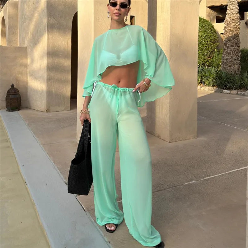 Vacation Sheer Mesh Chiffon 2 Piece Outfit Women Cape Sleeve Cropped Top Drawstring Waist Wide Leg Trousers Beach Cover Up Set