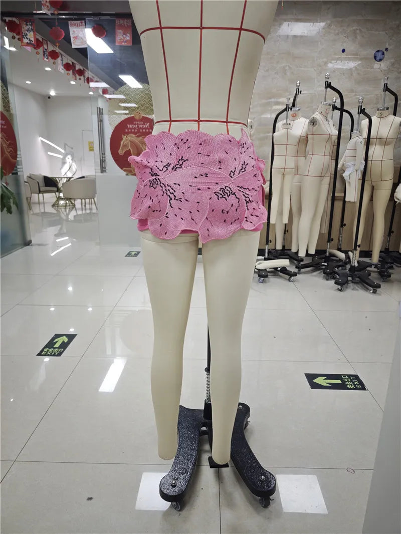 VacationGrabs Y2K Style 3D Flower Low Waist Mini Skirt Handmade Embroidery Beachwear for Women Summer Vacation Streetwear