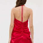 Red satin halter-top for women, perfect for summer outings