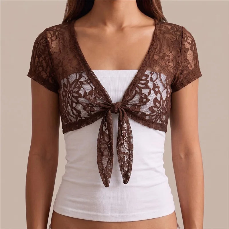VacationGrabs Y2K Women Sheer Floral Lace Shrug Short Sleeve Front Tie Knot Cropped Bolero Top Summer Beach Party Cover Up Shawl