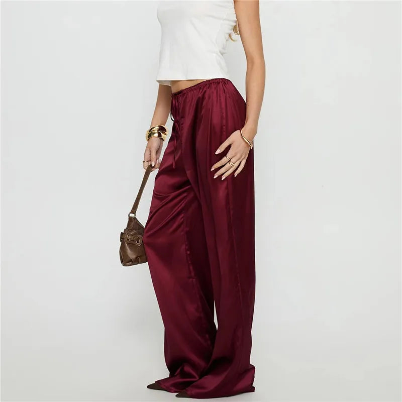 VacationGrabs Women's Satin Silk Solid Color Pants Elegant Elastic Drawstring Waist Loose Fit Trousers for All Seasons Y2K Streetwear