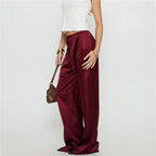 VacationGrabs Women's Satin Silk Solid Color Pants Elegant Elastic Drawstring Waist Loose Fit Trousers for All Seasons Y2K Streetwear