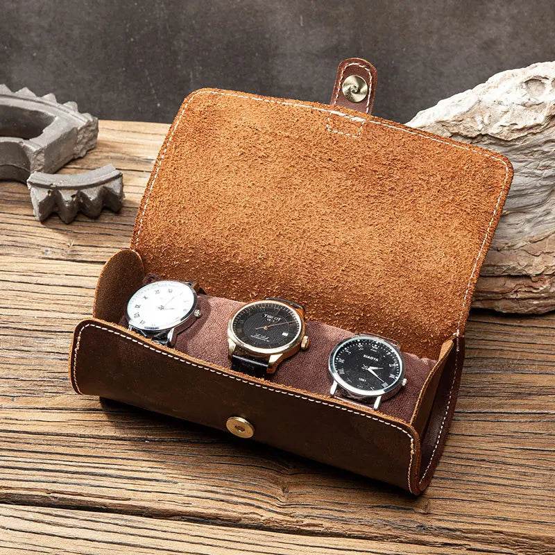 Leather Watch Case with Three Round Buckles for Convenient Travel Storage - VacationGrabs