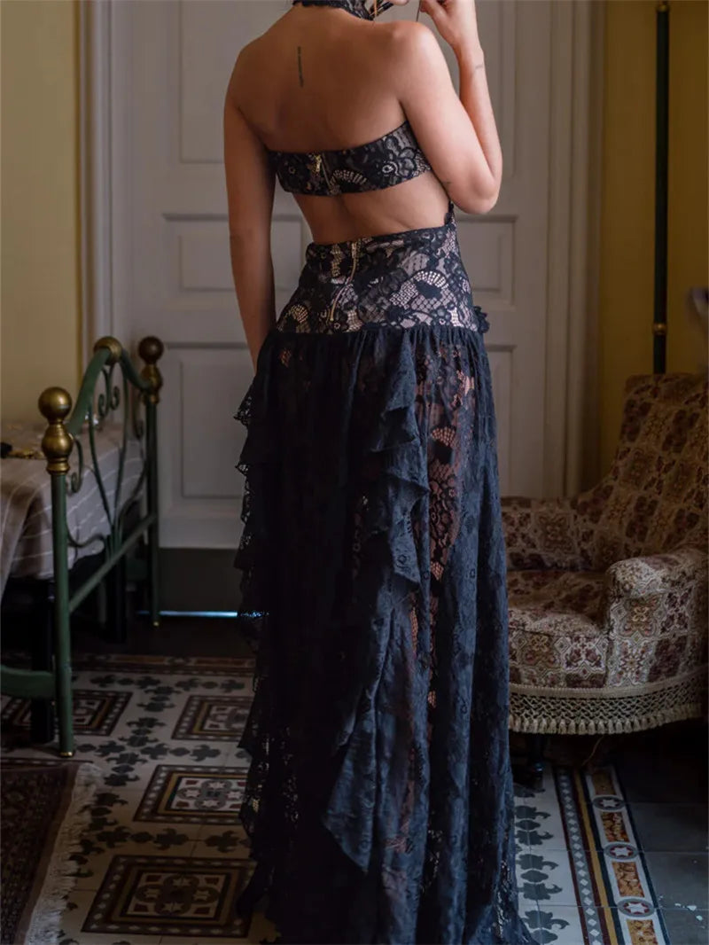Sexy Cut Out Halter Lace Maxi Dress Sheer Tiered Ruffle See Through Long Gown Backless Slim Bodycon Party Club Night Women Dress