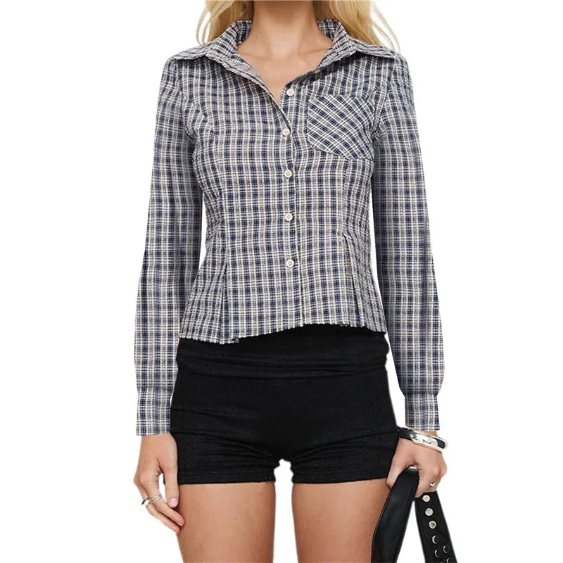 VacationGrabs Women Slim Fit Button Down Striped Shirt Long Sleeve Fitted Button Up Shirt Vintage Y2K Pinstripe Collared Blouse
