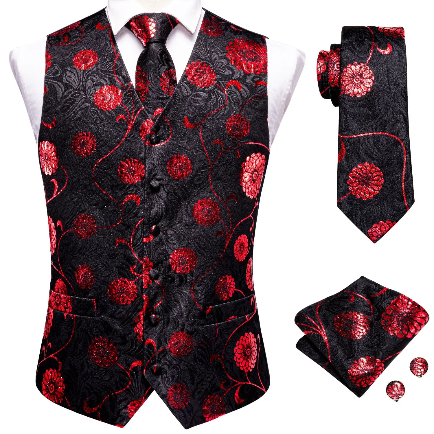 Men's black paisley tie set with red floral details for formal occasions
