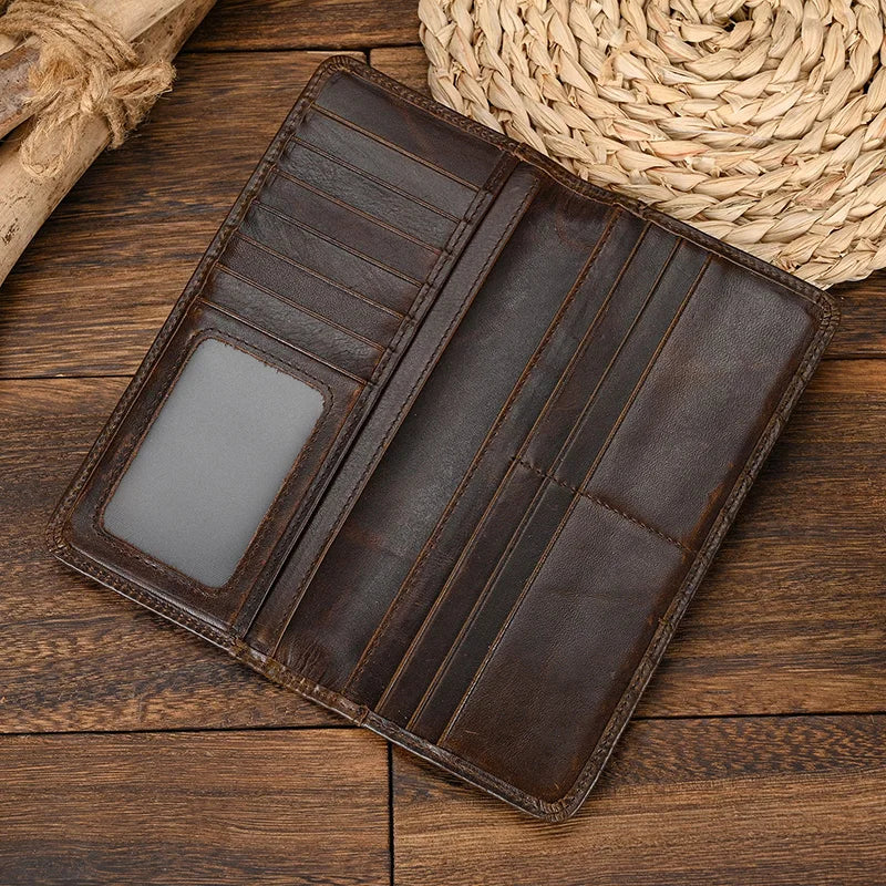 Vintage Crazy Horse Leather Long Wallet – Men's & Women's Bifold