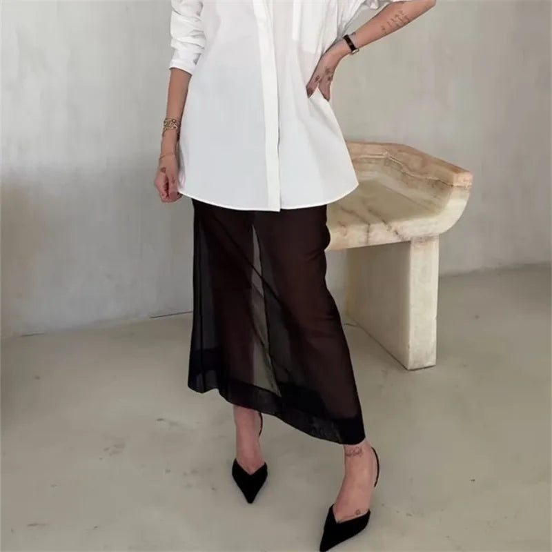 VacationGrabs Women Minimalist Sheer Mesh Layering Midi Skirt Transparent See-Through Trimmed Hem Versatile Overlay Skirt CasualOffice