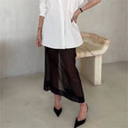 VacationGrabs Women Minimalist Sheer Mesh Layering Midi Skirt Transparent See-Through Trimmed Hem Versatile Overlay Skirt CasualOffice