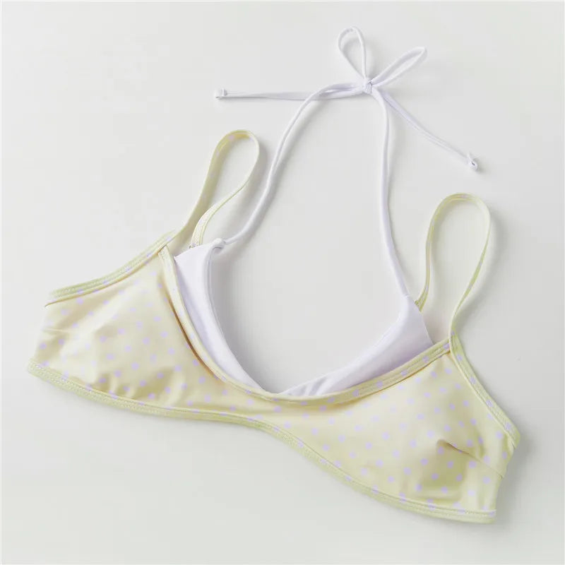 VacationGrabs Women's Double Layered Bikini Set Dot Print Halter Bra with Side Tie-up Low Waist Shorts 2 Pcs Swimsuit Beachwear