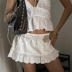 VacationGrabs Women Y2k Lace Trim Mini Skirt Floral Eyelet Embroidery Half Slip Underskirts Cute Low Rise Summer Skater Skirt