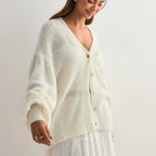 VacationGrabs Women's Solid Color Knit Cardigan Autumn V-Neck Fuzzy Long Sleeve Button Front Closure Sweaters Winter Casual Knitwear