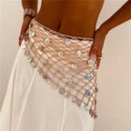 VacationGrabs Women Boho Crochet Sequin Shell Hip Scarf Irregular Mesh Handmade Knit Beach Wrap Skirt Summer Vacation Festival Wear