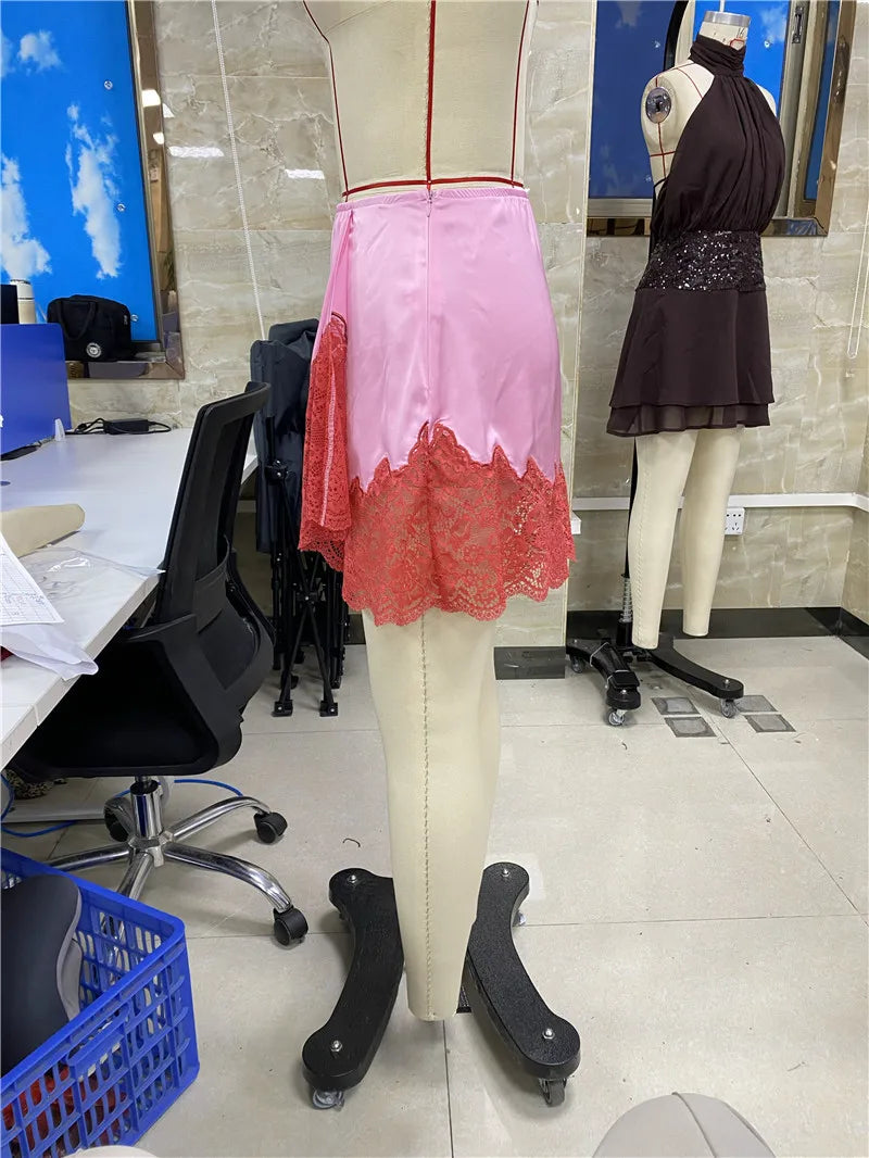 VacationGrabs Flowy A Line Short Fairy Mini Skirt Women Lace Silk Satin Half Slip Skirt Y2k Coquette Low Rise Lace Trim Underskirts