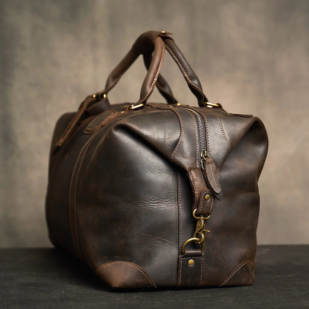 Men's Dark Brown Leather Travel Duffle Bag