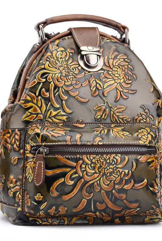  Women Embossed Brush Color Floral Pattern Travel Bag Retro Genuine Leather