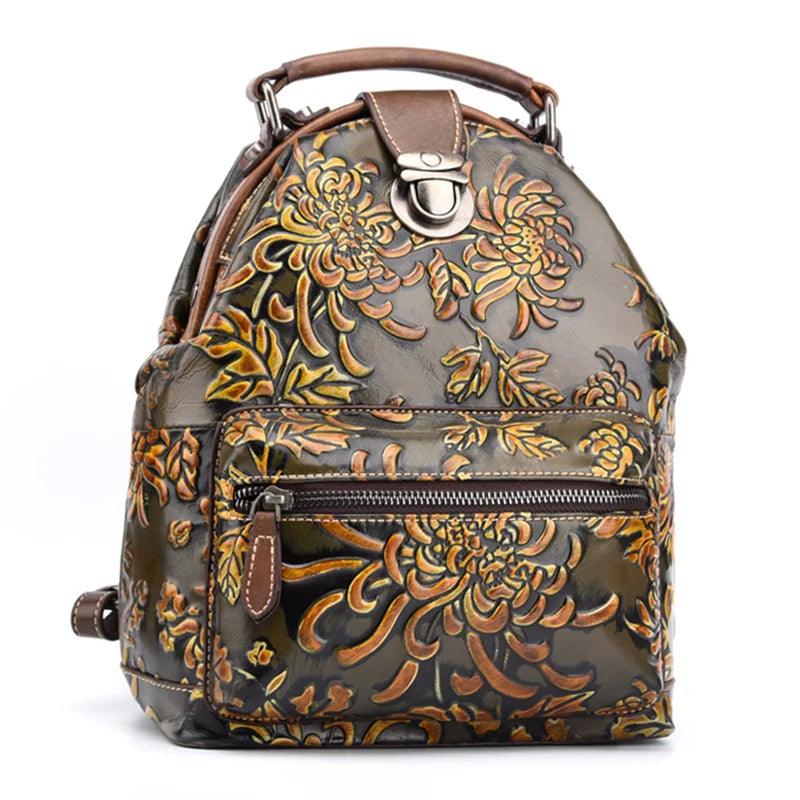 Luggage & Bags - Backpacks Floral Pattern Travel Bag Retro Genuine Leather