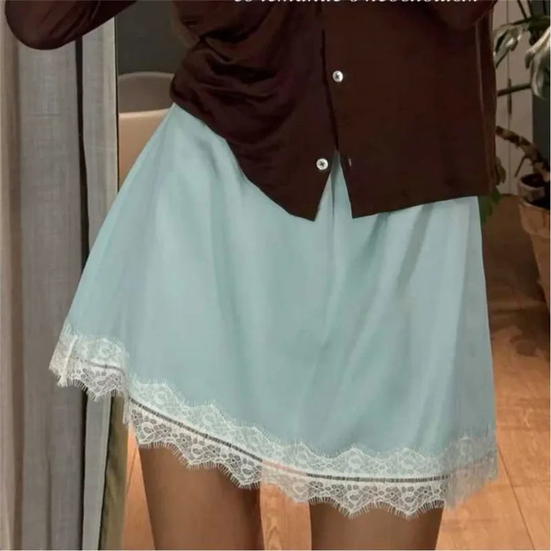 VacationGrabs Summer French Women Satin Pajama Skirts Bottoms Lace Trim Silk Lounge Skirts High Elastic Waist Y2K Vintage Streetwear