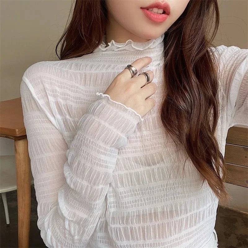 Floral Lace Layering Shirt Long Sleeve See Thru Mesh