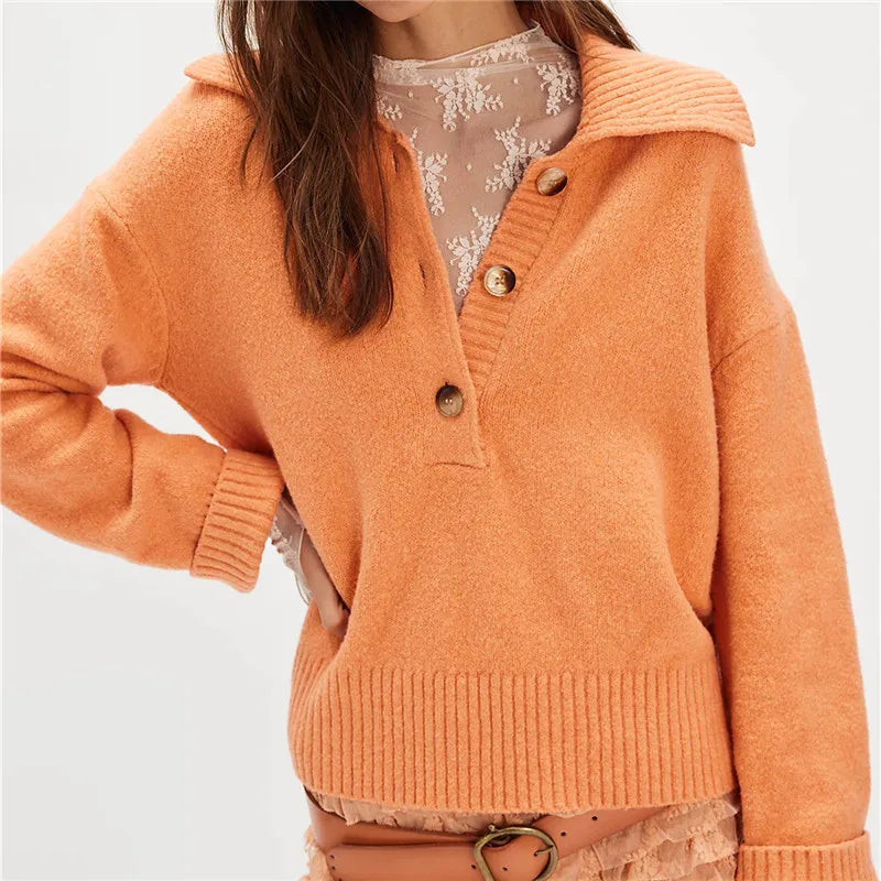 VacationGrabs Boho Women Sweater Long Sleeve Oversized Button Collared Pullover Lapel V Neck Knitted Jumper Tops Winter Fall Knitwear